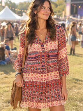 Anthro Fig & Flower Colorful Boho Festival Print Lightweight Tunic Dress